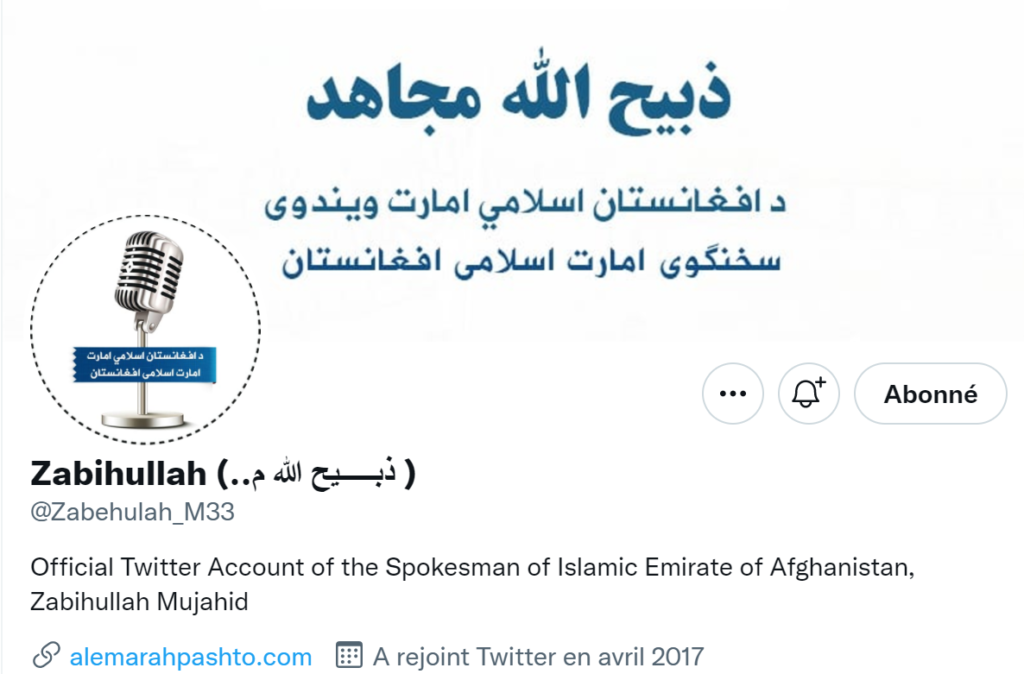 Compte Twitter Porte Parole des Talibans